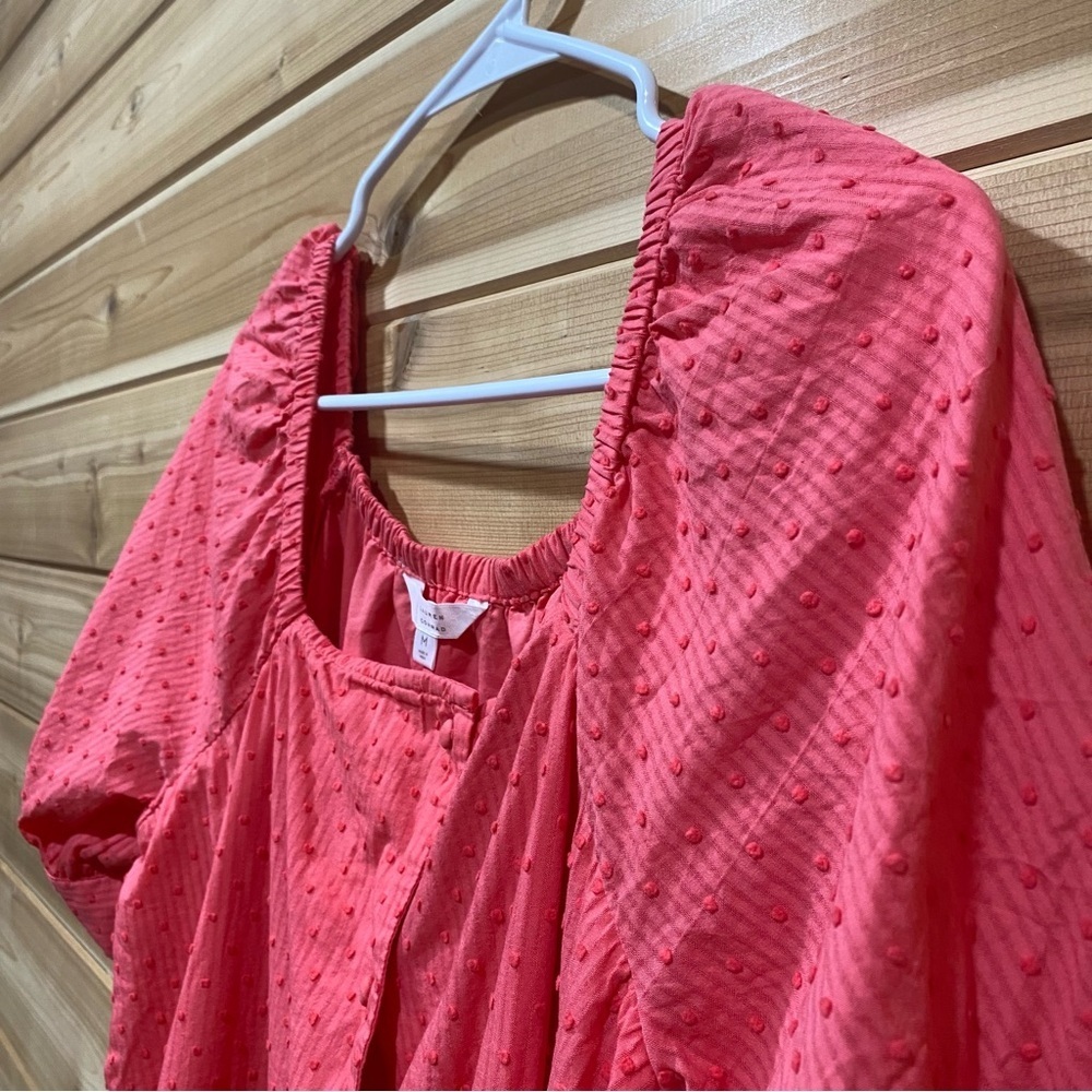 Women's Pink Puff Sleeve Swiss Dots Blouse Covered Buttons Knot Sleeve SZ Medium - Picture 6 of 10